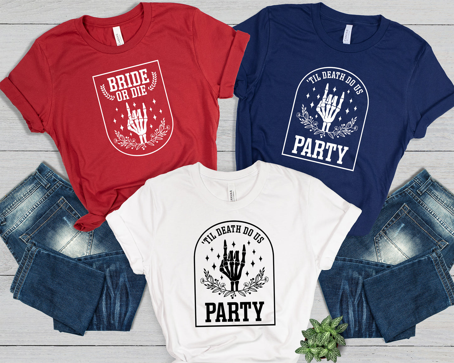 Funny Bachelorette Party T-shirts with "Bride or Die" and "Til Death Do Us Party" Designs