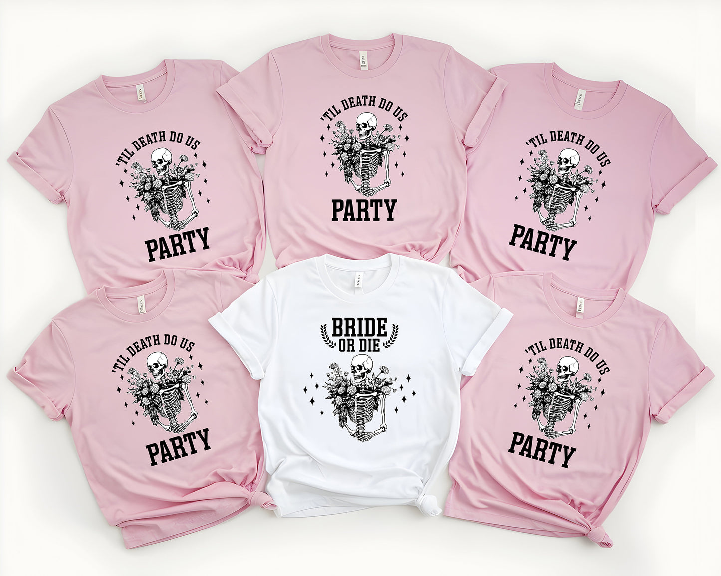Funny Skeleton Bachelorette Party T-shirt with "Bride or Die" and "Til Death Do Us Party" Designs