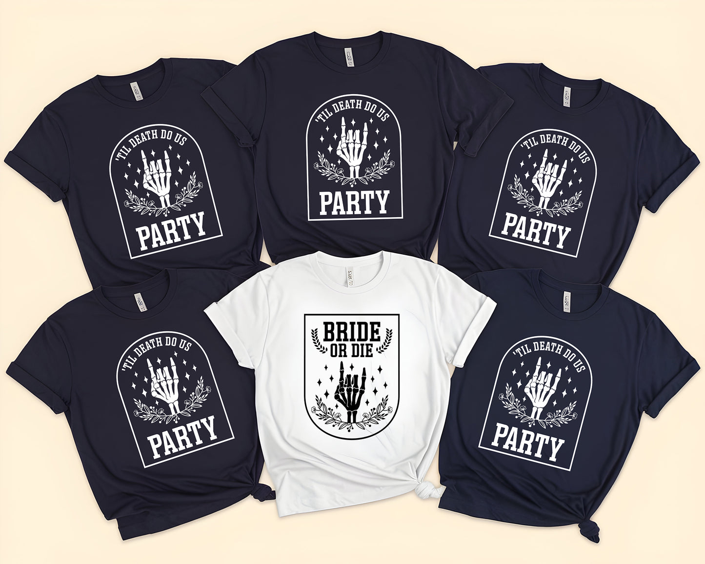 Funny Bachelorette Party T-shirts with "Bride or Die" and "Til Death Do Us Party" Designs