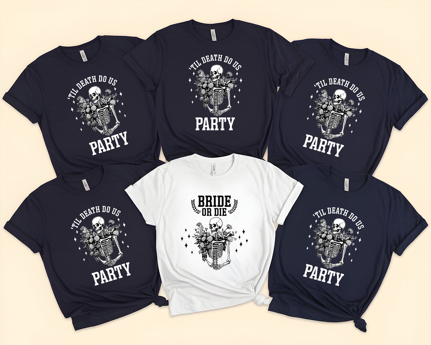 Funny Skeleton Bachelorette Party T-shirt with "Bride or Die" and "Til Death Do Us Party" Designs