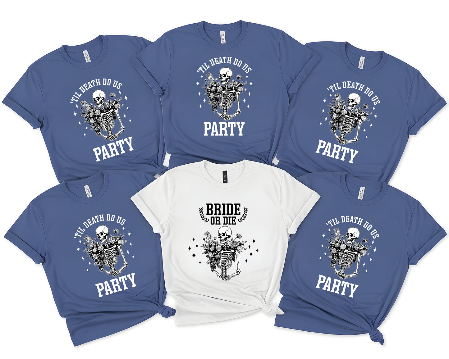 Funny Skeleton Bachelorette Party T-shirt with "Bride or Die" and "Til Death Do Us Party" Designs