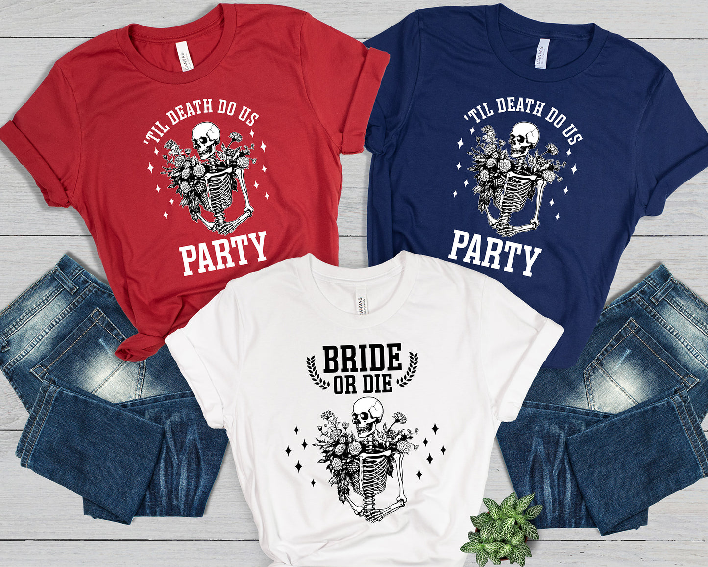Funny Skeleton Bachelorette Party T-shirt with "Bride or Die" and "Til Death Do Us Party" Designs