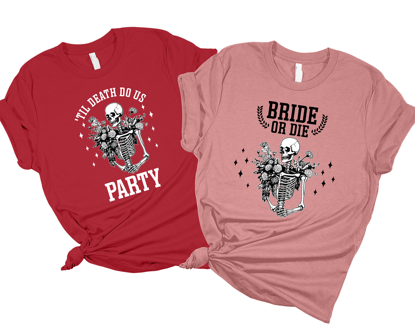 Funny Skeleton Bachelorette Party T-shirt with "Bride or Die" and "Til Death Do Us Party" Designs