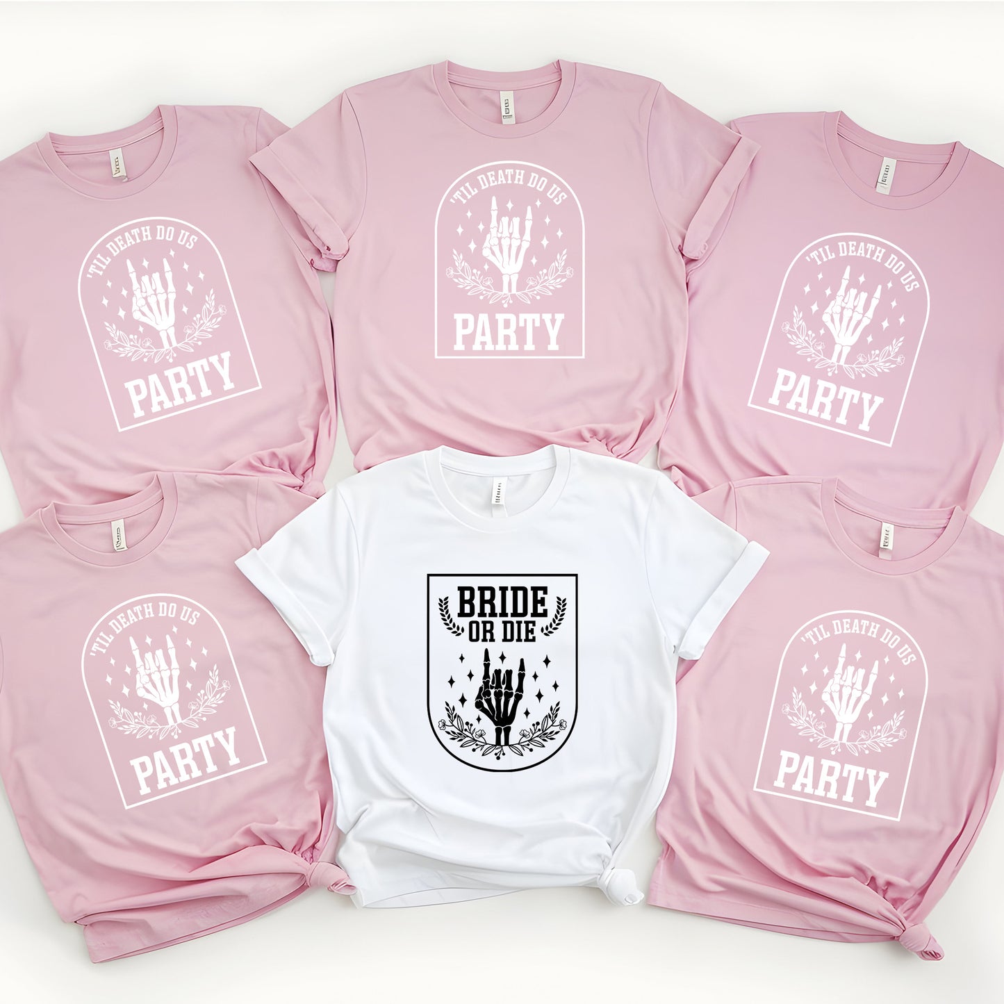 Funny Bachelorette Party T-shirts with "Bride or Die" and "Til Death Do Us Party" Designs