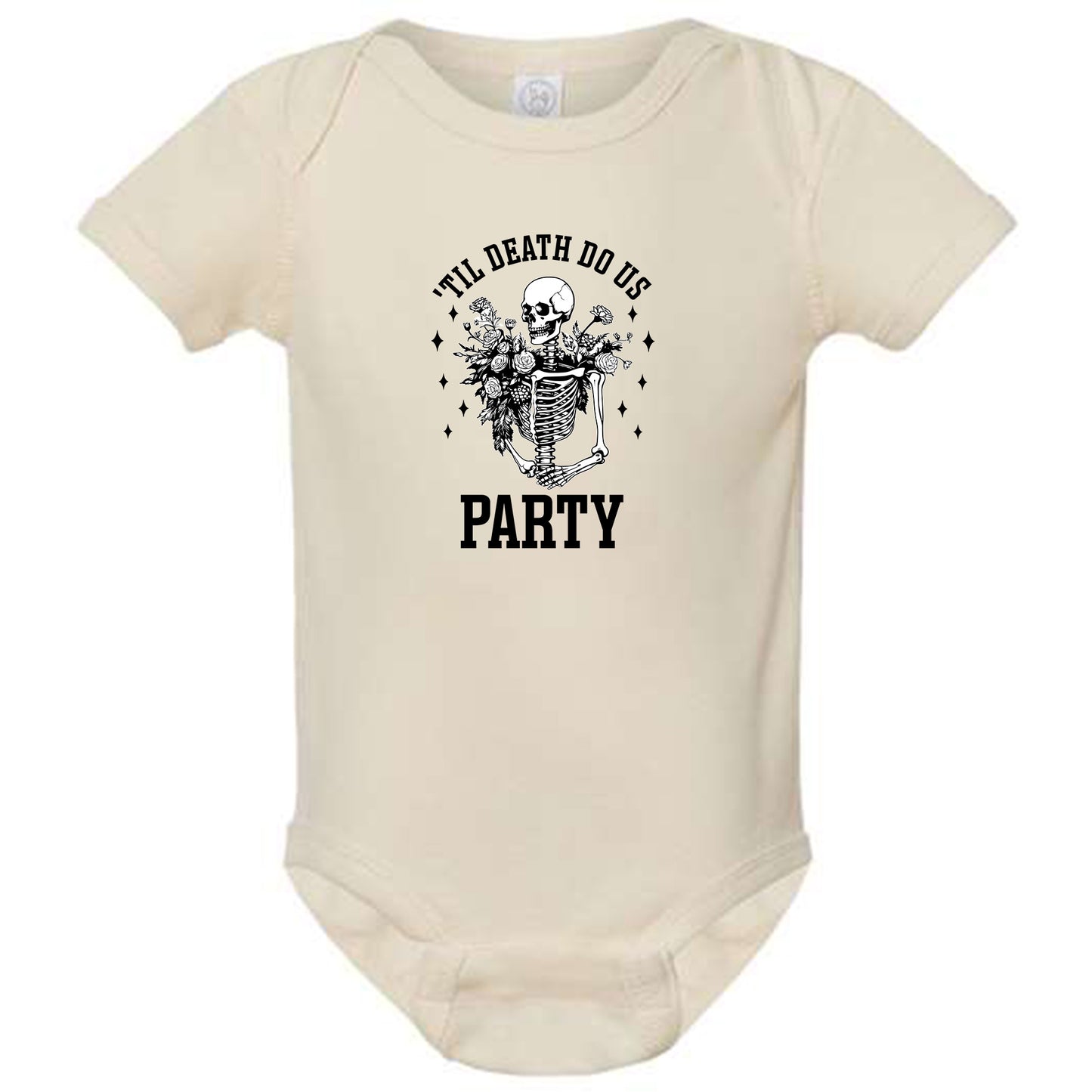Funny Skeleton Bachelorette Party T-shirt with "Bride or Die" and "Til Death Do Us Party" Designs