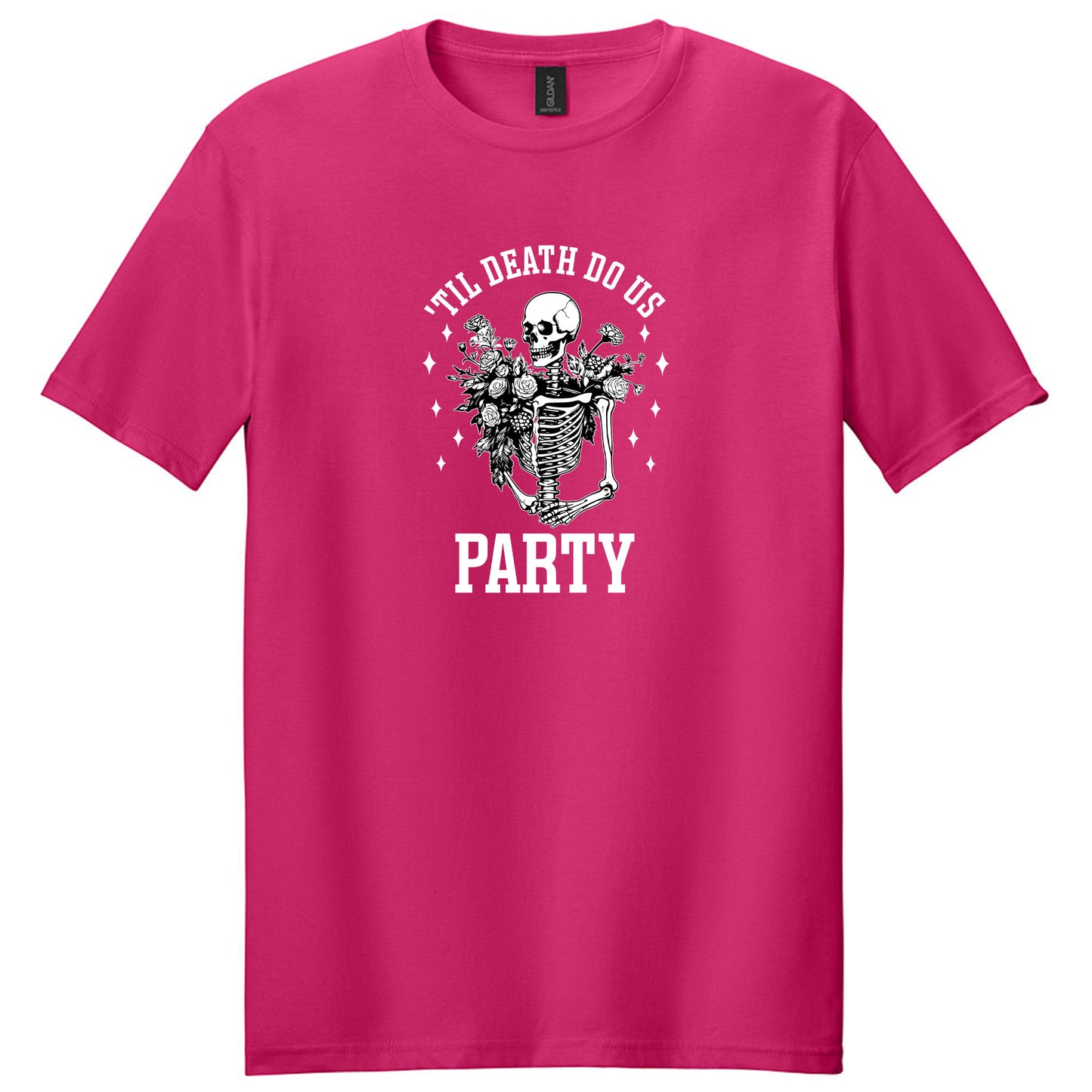 Funny Skeleton Bachelorette Party T-shirt with "Bride or Die" and "Til Death Do Us Party" Designs